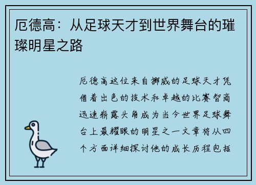 厄德高：从足球天才到世界舞台的璀璨明星之路